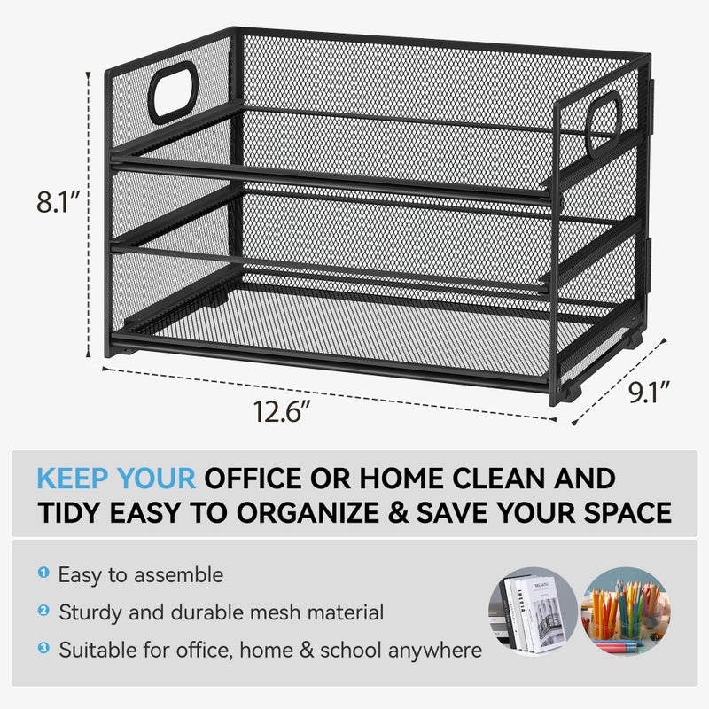 Subekyu 3 Tier Paper Letter Tray Organizer for Desk  Black Metal Mesh Desk File Folder Sorter Organizer with Handle and Sliding Tray for Home  Office  School Supplies Organization Storage - Image 2